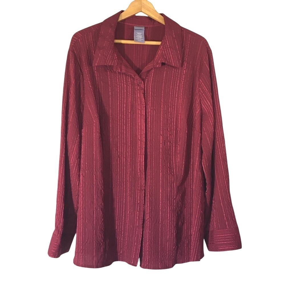 Laura Scott Crinkle Stripe Button Down Shirt 20/22W Burgundy